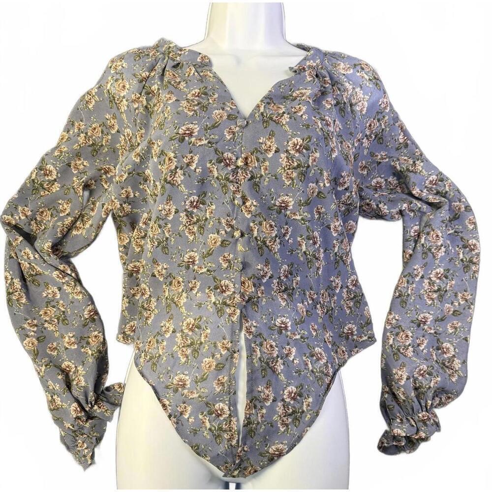 90's Papaya Blouse Women's L Blue Floral Long Sleeve Asymmetrical Ruffle Top